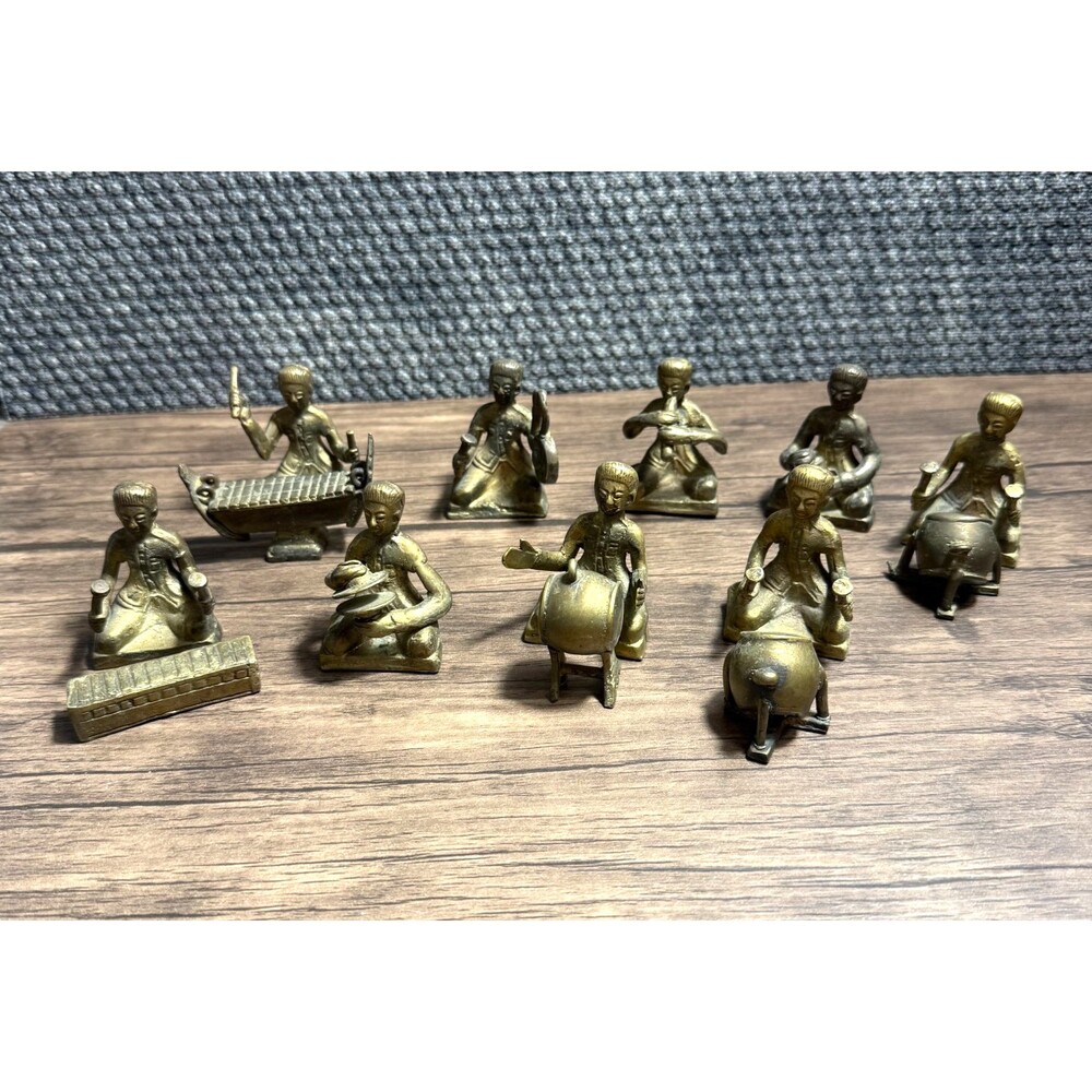 Lot of 9 Antique Thai Brass Miniature Musician Figurines & Instruments
